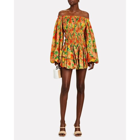 Caroline Constas Orange Floral Sage Off-The-Shoulder Floral Mini Dress, Size S - Picture 1 of 6